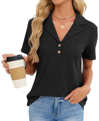 Frewurwer Camisas de Corta para Mujer, Blusas Informales de Negocios, Camisas con Cuello en V, Blusas de Punto Acanalado, Blusas Ajustadas, Atuendos de Verano. Negro S