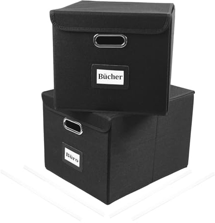 Gemsaya 2-Pack File Storage Boxes with Lids, Foldable and Portable | Hanging File Organisers with Plastic Rails, 38 × 32 × 27.5 cm Collapsible Boxes for Folders, Home and Office, Black