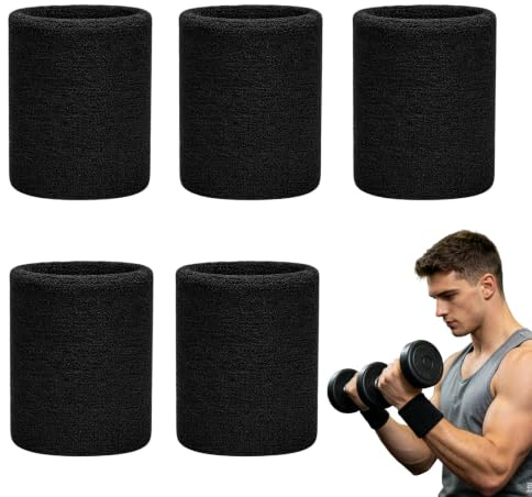 5 Pcs Sweat Bands Wristbands,Sweats Wrist Band Men,Black Athletic Elastic Cotton Strip Bracelet Soft Protect Sweat-Absorbing,for Men Womens Tennis Running Basketball Gymnastics, Quick Drying Wristband