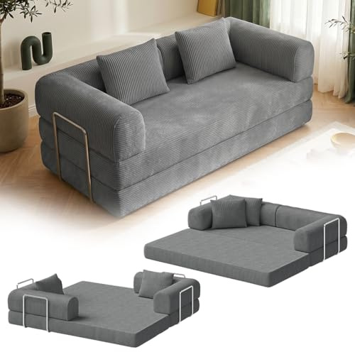 skølm Lofn Schlafsofa 2-Sitzer 200 cm, Cord Dunkelgrau, 2 Kissen, Klappsofa | Ausklappbare Couch zum Bodensofa, Vollschaumcouch Boneless mit Stahlgestell, Cordsofa Wohnzimmer, vakuumverpackt, Klappsofa