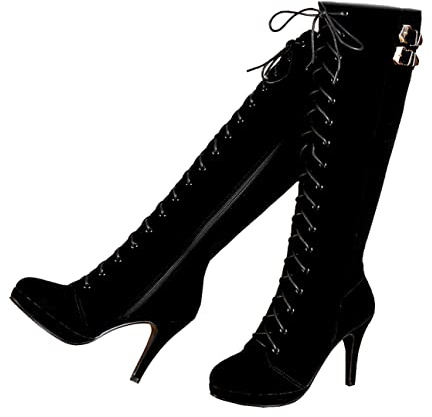 getmorebeauty Womens Suede Buckle Rock Lace Up Zipped Knee High Boots High Heel Boots (US 7.5, Black)