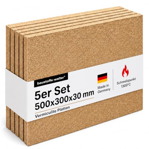 Vermiculite Platten für Kaminofen und Feuerraum, bis 1300 °C, leicht zuschneidbar 500 x 300 mm (5 Platten, 30mm Stärke)
