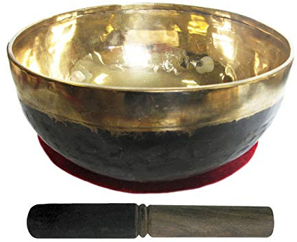 Bengali KLANGSCHALE 1400-1500g Handarbeit 3-tlg Set mit Zubehör. Gold schwarze Schale + Klangschalenkissen + Klöppel (Holz-Leder). 81600-11