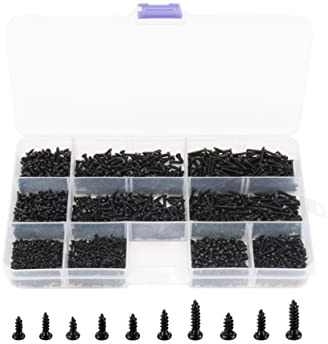 LBY 1000pcs M1.4 M1.7 M2 M2.3 Round Pan Head Self-Tapping Screws Assortment Kit, Sheetmetal, Electronic Screws, Mini Wood Screws, 10 Sizes, Carbon Steel (Black)