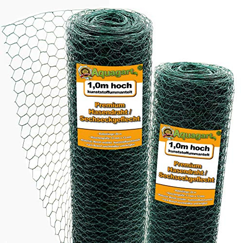 Aquagart Maschendrahtzaun Sechseckgeflecht grün I Hühnerzaun Kaninchendraht Hasengitter feinmaschig 13 x 13 mm I 6-Eck Drahtgeflecht 0,8 mm Hasendraht (grün 100cm, 20m)