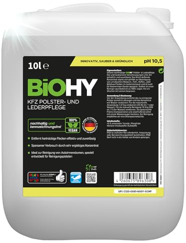 BiOHY KFZ Polster- & Lederpflege (10L Kanister) | Staubsaugerdüsen-Reiniger für Auto-Innenraum | Fleckenentferner für Sitze & Teppiche | biologisch abbaubar | Nass-Sauger