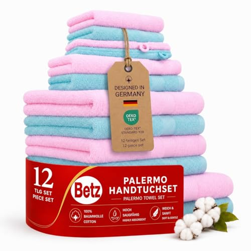 Betz 12-TLG. Handtuch-Set Palermo 100% Baumwolle 2 Liegetücher 4 Handtücher 2 Gästetücher 2 Seiftücher 2 Waschhandschuhe Farbe rosé und türkis