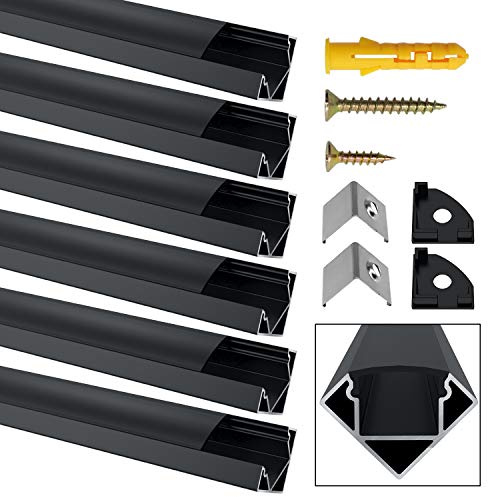 Jirvyuk 6Pack Black Led Aluminum Profile for 12mm Led Strip Lights,1m/3.3ft V Shape Led Aluminum Channel Diffuser with Black Cover, End Caps and Metal Mounting Clips