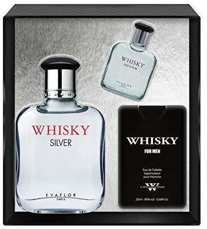 EVAFLOR PARIS Whisky Silver Coffret pour Homme Eau de Toilette 100 ml + Miniature 7.5 ml + Parfum de Voyage 20 ml Vaporisateur Spray Parfum Homme 127.5 ml