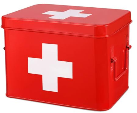 Flexzion First Aid Box Organizer, Empty 8.5 Inch Red Vintage First Aid Kit Tin Metal Medical Box First Aid Storage Box Container Bins with Dividers, Removable Tray and Cross Logo