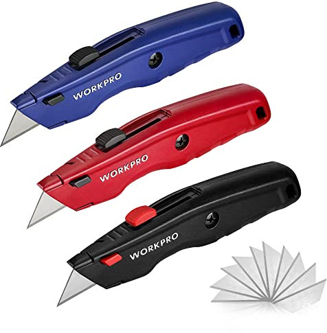 WORKPRO Premium Teppichmesser-Set, Einziehbarer Universalmesser aus Vollmetall, Strapazierfähiger Cuttermesser mit Schnellwechselklinge, mit 10 zusätzlichen Klingen, 3er-Set (Schwarz, Rot, Blau)