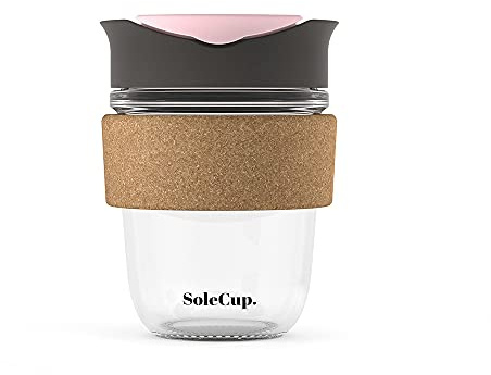 SoleCup. - Reusable Strengthened Glass Travel Cup - Spill Proof Coffee Mug - 12oz/340ml BPA-Free Hot Drink Travel Mug with Lid & Cork Band (Grey and Pink, 340ml / 12oz)
