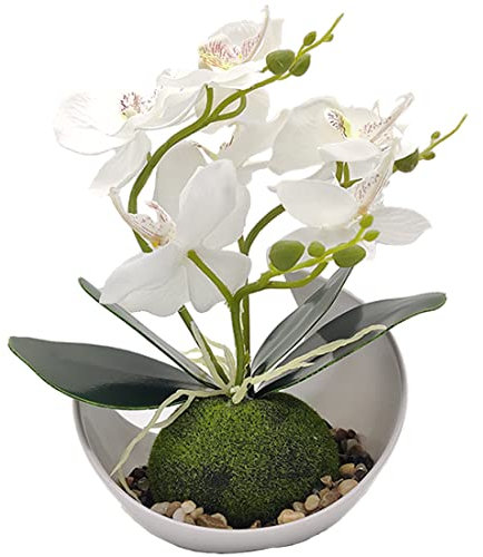Aisamco 1 Stück Künstliche Orchideenblüten mit weißem Topf Gefälschte Phalaenopsis-Blumen aus Kunststoff mit Topf Künstliche Blume für Zuhause Hochzeit Bürodekoration
