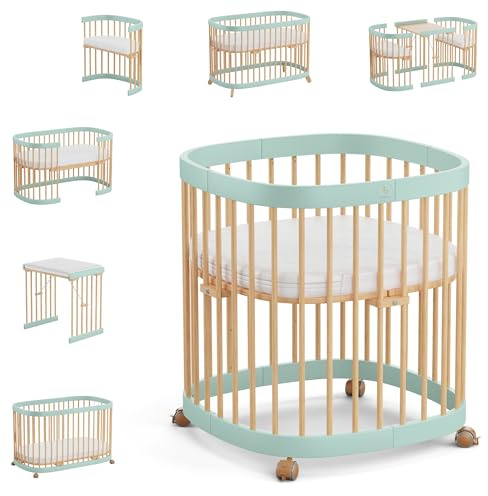 tweeto Cuna Convertible 7 en 1 – Cuna Multifuncional de Madera con colchón Transpirable – Cama evolutiva para bebé y niño – Ajustable y ecológica (Menta-Haya)