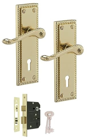 Golden Grace Georgian Lever Lock Door Handle Set, 150x48mm Polished Brass | Includes a 64mm 3-lever mortise lock, spindle, screws, and keys for a complete, secure installation on interior doors.