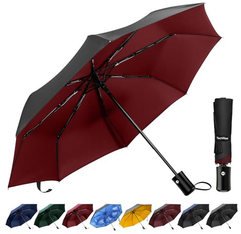 TechRise Regenschirm, klassisch, winddicht, automatisch, zusammenklappbar, kompakt, mit einem Knopf, automatisches Öffnen und Schließen