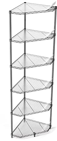 6 Tier NSF Metal Shelf Pentagonal Corner Wire Shelving Unit, 600lbs Capacity Heavy Duty Adjustable Storage Rack with Shelf Liners for Kitchen Garage Office Etc Room Corner, 72H x 20L x 20D - Black