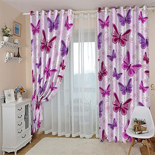 TFLABS Fenster Vorhang Schlaufen-Vorhang 2 Stück x 140 B x 245cm H Lila & Schmetterlinge Dekorative Gardine Schlaufenschal Fenster-Schal
