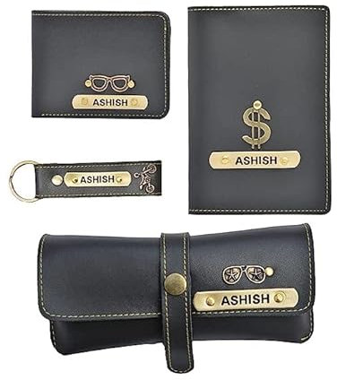 Ahimsa Leder Personalisiertes Geburtstagsgeschenk für Männer mit Herren-Geldbörse, Schlüsselanhänger, Sonnenbrillenetui und Reisepasshülle, einzigartige maßgeschneiderte Herren-Geschenkidee für