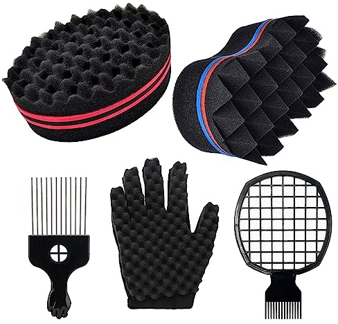 Hazrcvr Magic Curl Sponge 2 Stück Doppelseitiges Haarbürste Schwamm Twist Sponge Afro Twist Curl Schwamm Pick Herren Afro Kamm mit Metall Kamm und Lockenwickler Handschuhe
