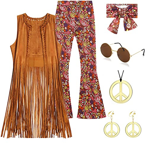 Hippie Kostüm Damen Set mit Fransen Weste 70er Jahre Hose Hippie Kleidung Damen Zubehör Boho 60er 70er Hippie Bekleidung Frauen Disco Outfit Flower Power Cowgirl Faschingskostüme für Karneval (XXL)