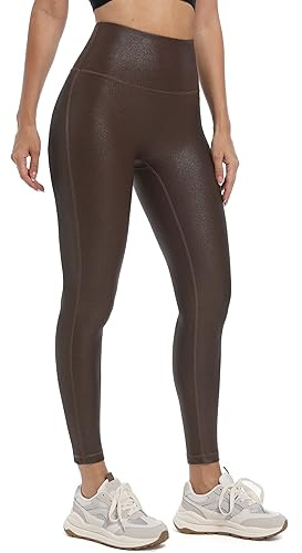 HARTPOR Kunstleder-Leggings für Damen, 63,5 cm / 71,1 cm, hohe Taille, Bauchkontrolle, Lederhose, Stretch-Leggings, Braun, Groß