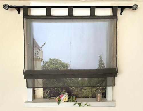 Devola Raffrollo Einfarbig Schlaufenrollo Modern Raffgardine Transparent Küchen Gardinen Voile Gardinen Kurz HxB 140x140cm Dunkelgrau 1 Stück