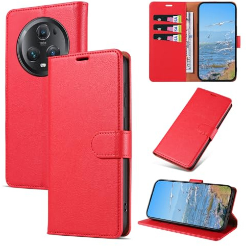 KKEIKO Handyhülle für Honor Magic5 Pro Hülle, Magnet Klappbar Handyhülle mit Kartenfach, PU Leder Stoßfest Schutzhülle für Honor Magic5 Pro, Rot