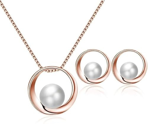 QKEPCY Damen Schmuckset mit Perlen Halskette Ohrringe im Kreisförmigen Design Elegante Klassische Accessoires für Hochzeit Party Alltag