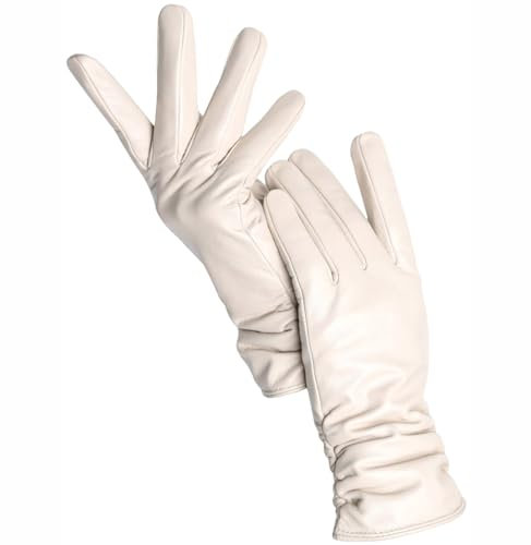 Damen Schaffell-Handschuhe, Winter, warm, kurz, dünn, Touchscreen, Fahrfarbe, Damen-Lederhandschuhe, Beige Standard, 34