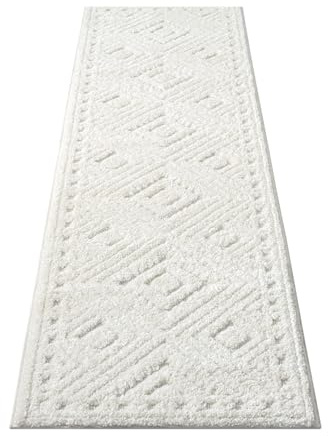 payé Tapis de couloir, 80 x 300 cm, à poils longs, bohème, crème, pastel, uni, motif moderne en losanges, scandinave, moelleux, doux, chambre à coucher