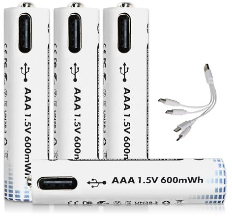 Anern Batterie al litio ricaricabili AAA da 1,5V USB ricaricabili agli ioni di litio AAA con cavo di ricarica 4 in 1 di tipo C, ricarica rapida, carica 1500 volte di ciclo (4 pezzi)