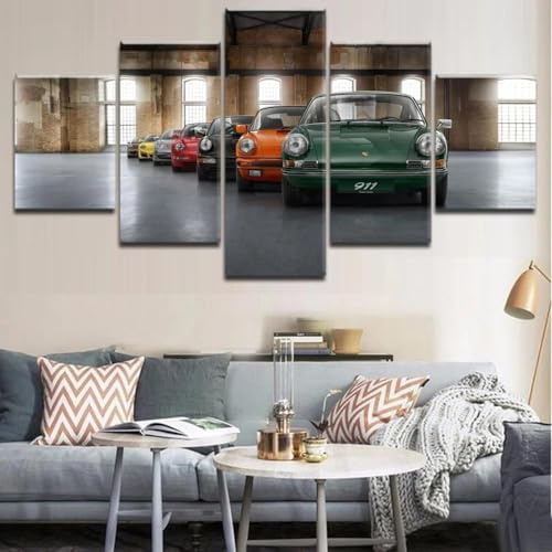 AZBESCZ Moderne Bilder Wohnzimmer 5 Teiliger Klassischer Porsch 911 Sportwagen Poster Mit Rahmen Hd Für Heimdekoration Personalisierte Bilder Leinwandbilder Xxl