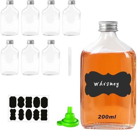 Bottiglie in vetro da 200 ml, confezione da 8 bottigliette di vetro piccole con tappo a vite argentato, imbuto, etichette e penna, bottiglie vuote riutilizzabili per vino, whisky o liquori