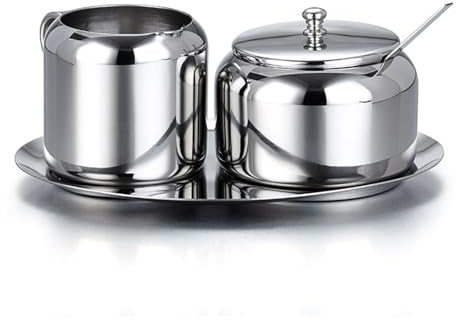 WJUHYGTF Modern Stainless Steel Sugar Set, 3-Piece Silver Bowl with Spoon for Home Kitchen Hotel Cafes