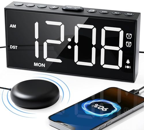 Roxicosly Loud Alarm Clock for Heavy Sleepers with Powerful Shaker, 7.5 LED Display & Bold Font Dual Alarm Clocks with 3 Vibration, 5 Volumes 5 Dimmer, USB Charger, Weekday, Snooze, Power-Off Memory