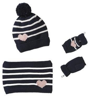 Vertbaudet Mädchen-Set: Mütze, Rundschal & Handschuhe Streifen/Herzen marine 86/98