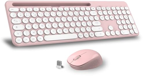 LeadsaiL Ensembles Clavier et Souris, Ensemble De Clavier Souris Ergonomique Pleine Taille, 2,4 GHz avec Récepteur USB pour PC, Portable, Windows, Mac AZERTY Français-Rose
