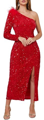 Verwin Vestito da Donna con Paillettes, Monospalla, Aderente, con Collo Obliquo, Maxi, Scintillante, con Spacco, Avvolgente, da Cocktail, Rosso, XL