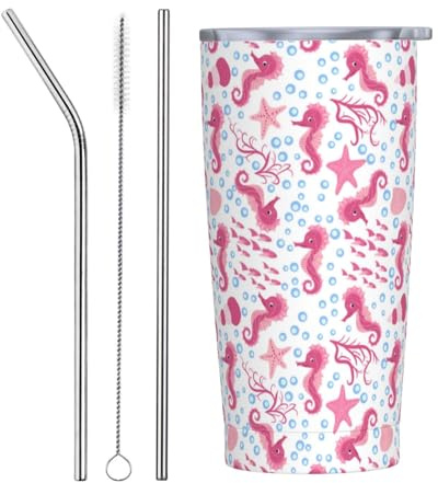 VOSERY Vaso de agua de 20 onzas con tapa y popote, vaso aislado de caballito de mar y estrella de mar, vaso de acero inoxidable, taza de café de viaje, vaso personalizado