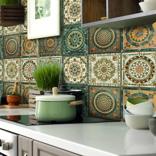 mefound 20psc Tile Stickers,Moroccan Style Wall Tile Transfers Stickers Self-Adhesive Waterproof Mosaic Art Vintage RetroDecor for Kitchen Bathroom DIY(15cm x 15cm, 6x6 inches)