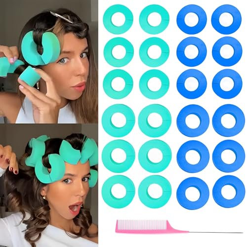 XSQD 24 Pezzi Bigodini a Forma di C, Ricci Non Termici, Riccioli Riutilizzabili In Spugna Per Capelli Soffici Naturali, Abbinati A 1 Pettine Coda Appuntita, Strumento Di Progettazione Acconciatura
