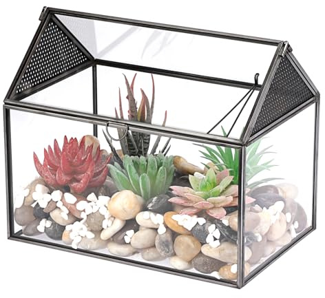 SUMTree Black Glass Plant Terrarium with Breathable Air Holes, Garden Moss Container with Swing Lid, Airplant Display Box for Succulent Plants, Glass Rectangle Indoor Air Plant Container, Black