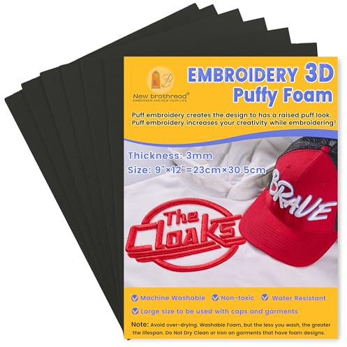 New brothread - 6PCS Stickschaum Schaumstoffplatten 9″x12″ (23cmx30.5cm) Große Größe 3MM Dicke Erstellen 3D-Stickerei-Effekt für Kappen, Kleidung, Jacken, Taschen, Rucksäcke und mehr -Schwarz