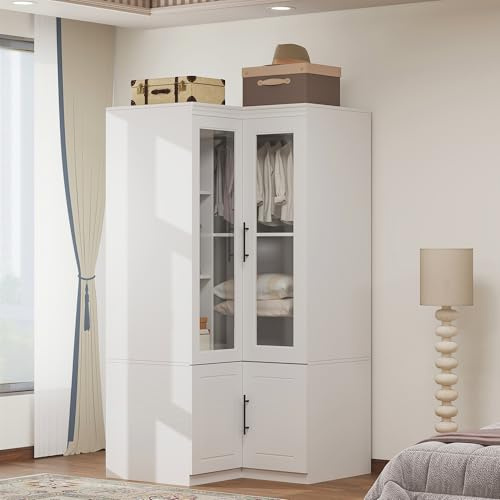 Nesbsakte White Corner Wardrobe Closet with Acrylic Mirror, 36.61 W x 20.87 D x 70.87 H, Space-Saving Armoire with Hanging Rod & 4 Shelves, Modern Storage Cabinet for Bedroom