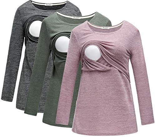 DDLUYY Women's 3 Packs Maternity Clothes Long Sleeves Breastfeeding Shirts Nursing Top, Black+Green+Pink, L