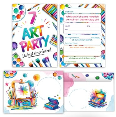 Junaversum 10 Einladungskarten inkl. 10 Umschläge zum 7. Kindergeburtstag Art Kreativ-Party Malparty Kunst Basteln DIY Künstlerparty Kinder Mädchen Einladungen siebte Geburtstag Kids