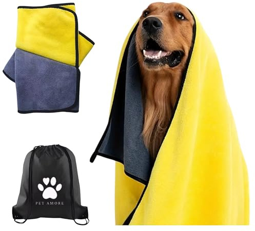 Ultra-saugfähiges XL-Hundehandtuch, 140 x 70 cm, weiche Korallen-Fleece-Mikrofaser, schnell trocknend, beruhigende Haustierdecke, inklusive Beutel mit Kordelzug (Gelb/Grau)