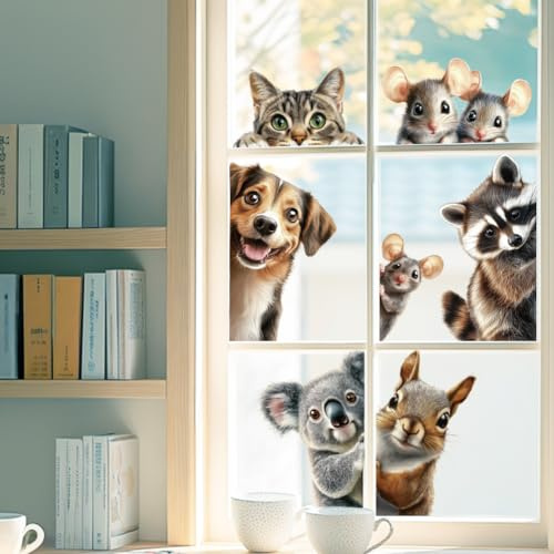 ANATTASOUL Eichhörnchen, Hund und Katze Fensterbilder for Frühling Sommer | Doppelseitig Blickdichter Badezimmer Fensterbilder Kinderzimmer Wiederverwendbare Fensterbilder Frühling for Winter Herbst
