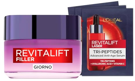 L'Oréal Paris Revitalift Filler Aufpolsternde Anti-Falten-Pflege 50ml + Revitalift Laser Tri-Peptide Anti-Age Serum mit Hyaluronsäure & Vitamin C Routine-Set 4-teilig